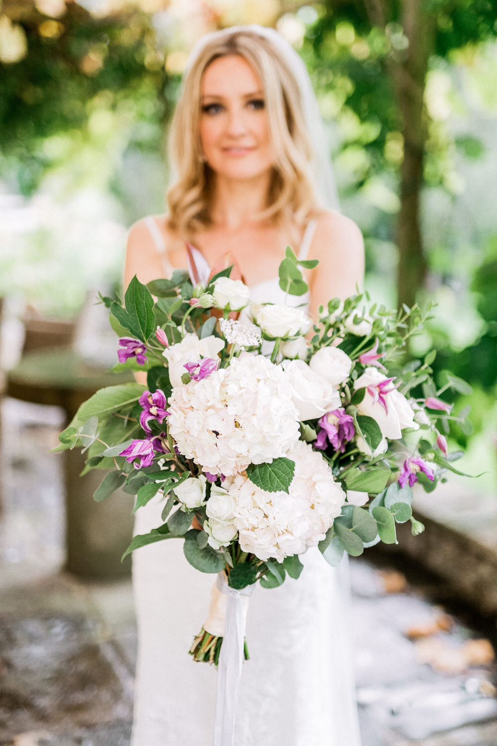 Bouquet Flowers Bride Bridal Hydrangea Rose Greenery Foliage Eucalyptus Pheasant Harome Wedding Yorkshire Arabella Smith Photography