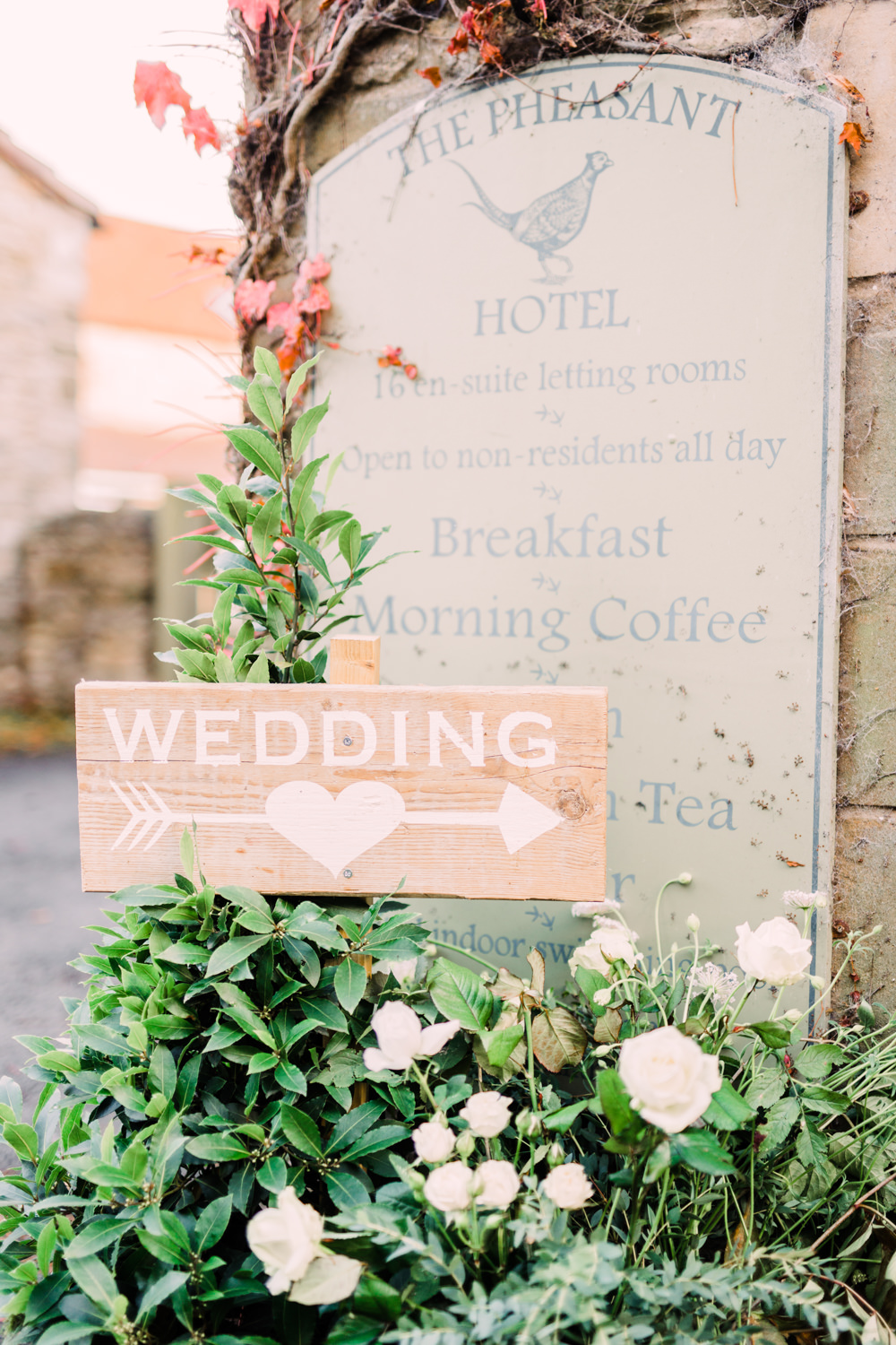 Wooden Sign Post Signage Pheasant Harome Wedding Yorkshire Arabella Smith Photography