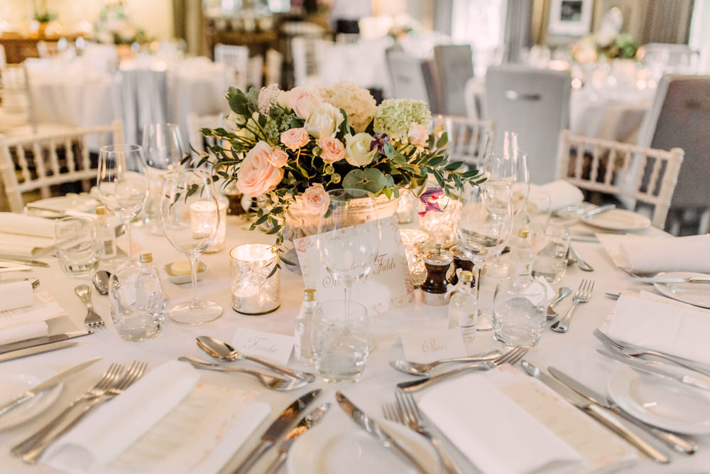 Table Flowers Centrepiece Candles Pheasant Harome Wedding Yorkshire Arabella Smith Photography