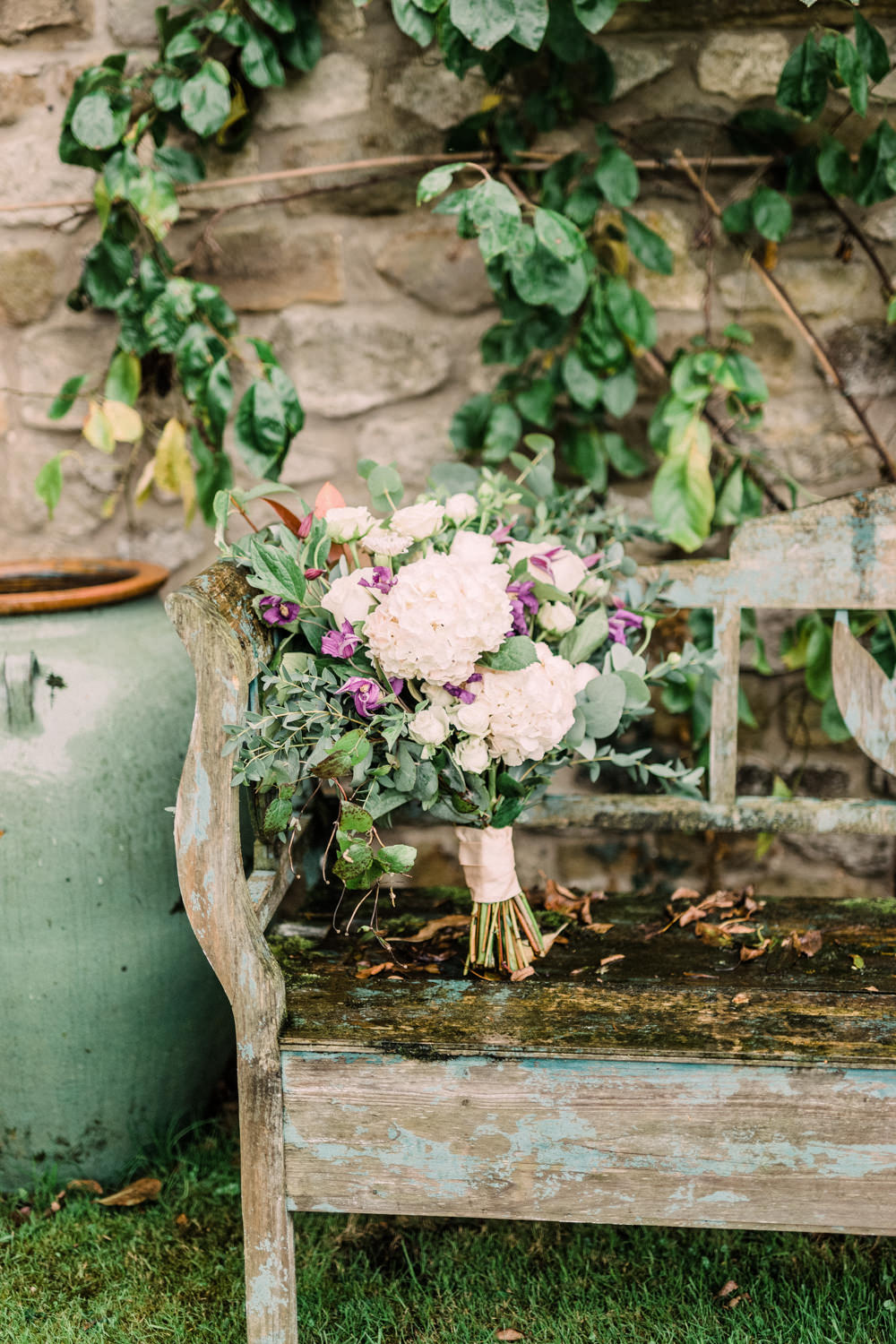 Bouquet Flowers Bride Bridal Hydrangea Rose Greenery Foliage Eucalyptus Pheasant Harome Wedding Yorkshire Arabella Smith Photography