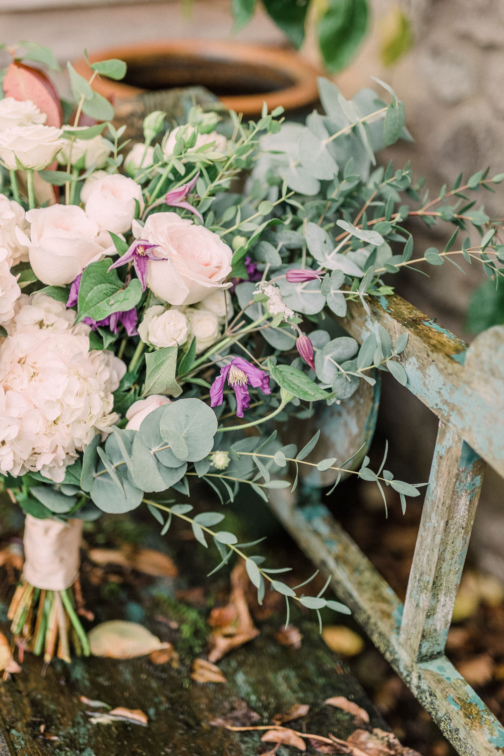 Bouquet Flowers Bride Bridal Hydrangea Rose Greenery Foliage Eucalyptus Pheasant Harome Wedding Yorkshire Arabella Smith Photography