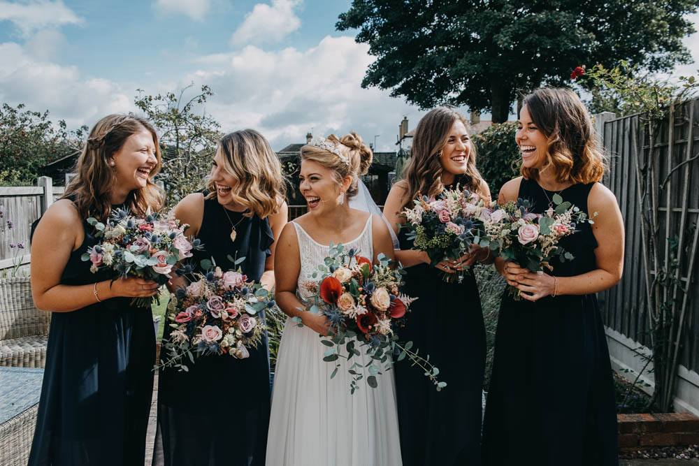 Bride Bridal Lace Dress Gown Train Tiara Navy Blue Bridesmaids Bouquet Sequin Embellished Veil Railway Barn Wedding Lottie Photography