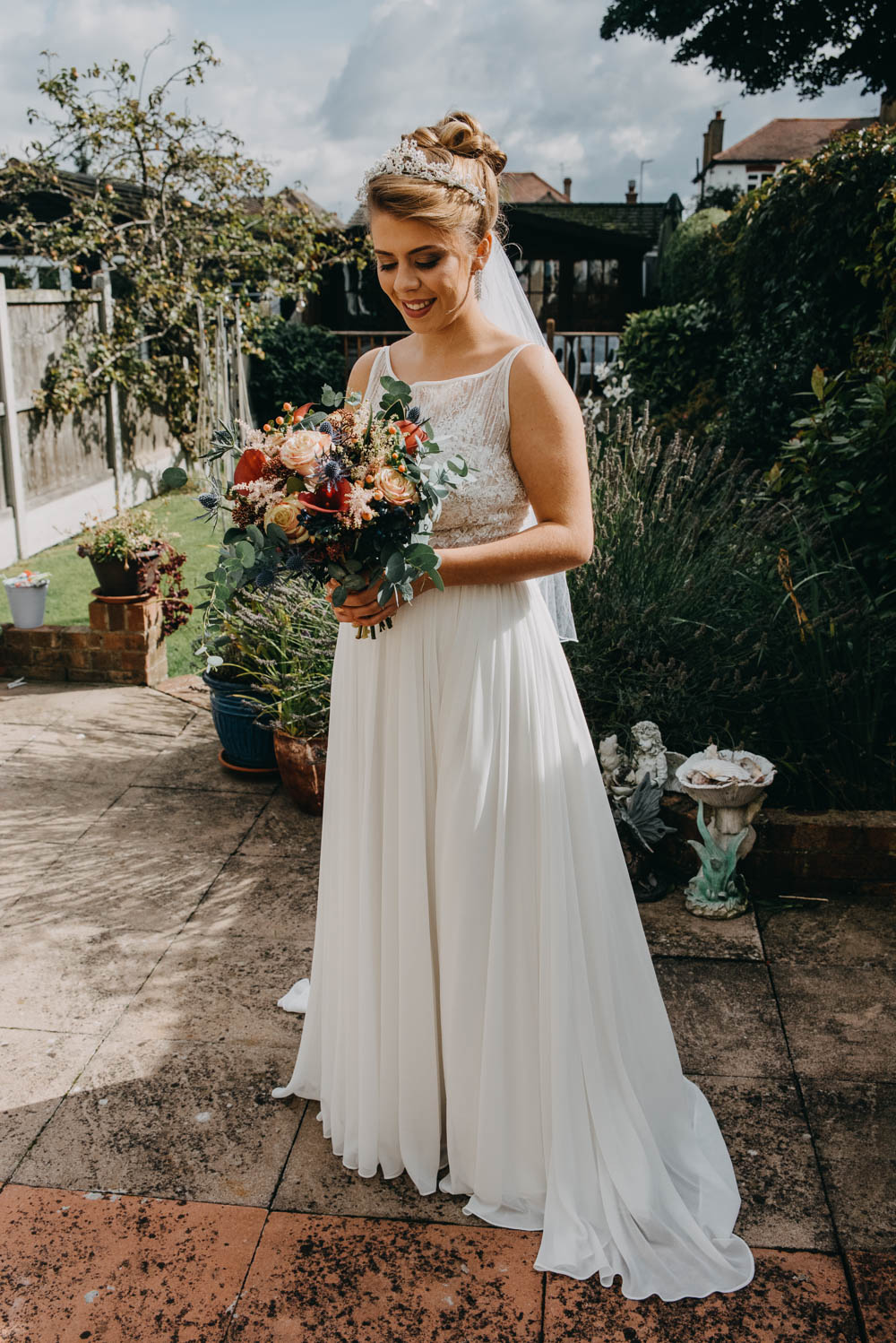 Bride Bridal Lace Dress Gown Train Tiara Veil Sequin Embellished Bouquet Navy Moss Bros Groom Railway Barn Wedding Lottie Photography