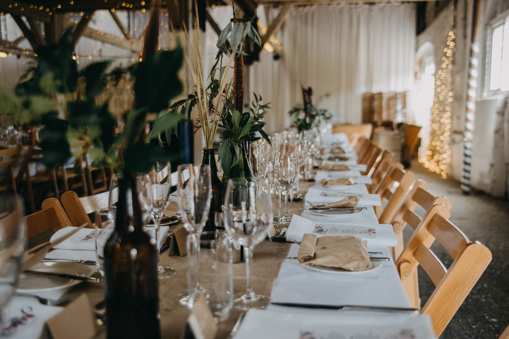 Table Setting Greenery Eucalyptus Rustic Wooden Railway Barn Wedding Lottie Photography