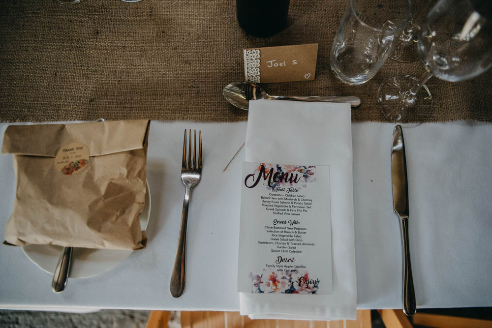 Table Setting Favours Paper Bag Menu Modern Calligraphy Hessian Runner Railway Barn Wedding Lottie Photography