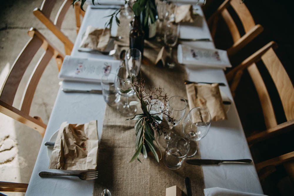 Table Setting Hessian Runner Greenery Wooden Rustic Railway Barn Wedding Lottie Photography