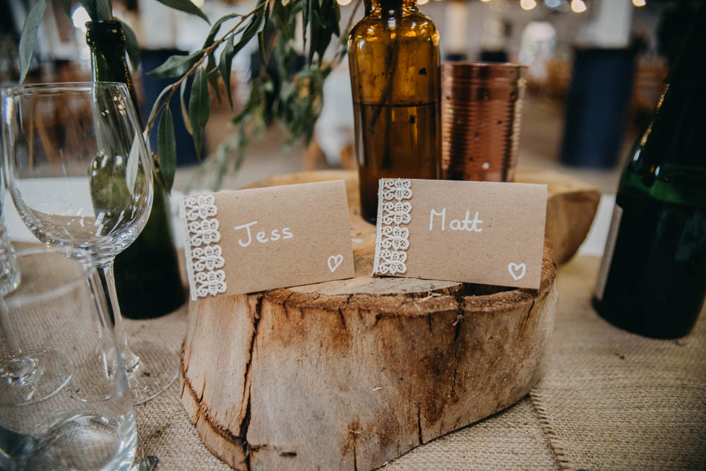 Wood Slice Crochet Place Name Card Hessian Rustic Table Setting Railway Barn Wedding Lottie Photography