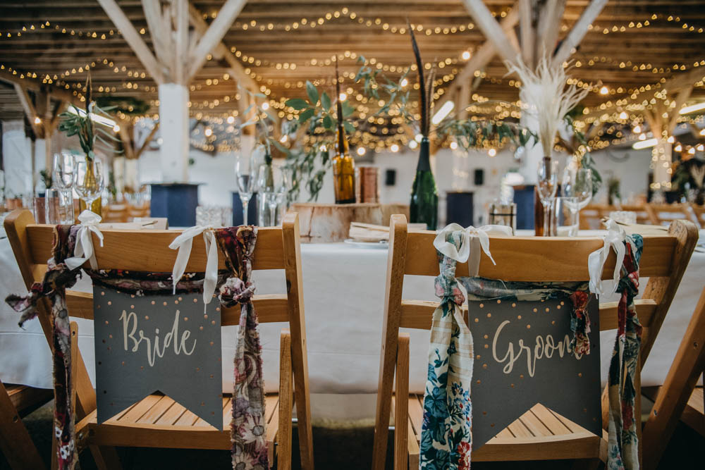 Fairy Lights Bride Groom Pennant Sign Ribbon Seat Back Railway Barn Wedding Lottie Photography
