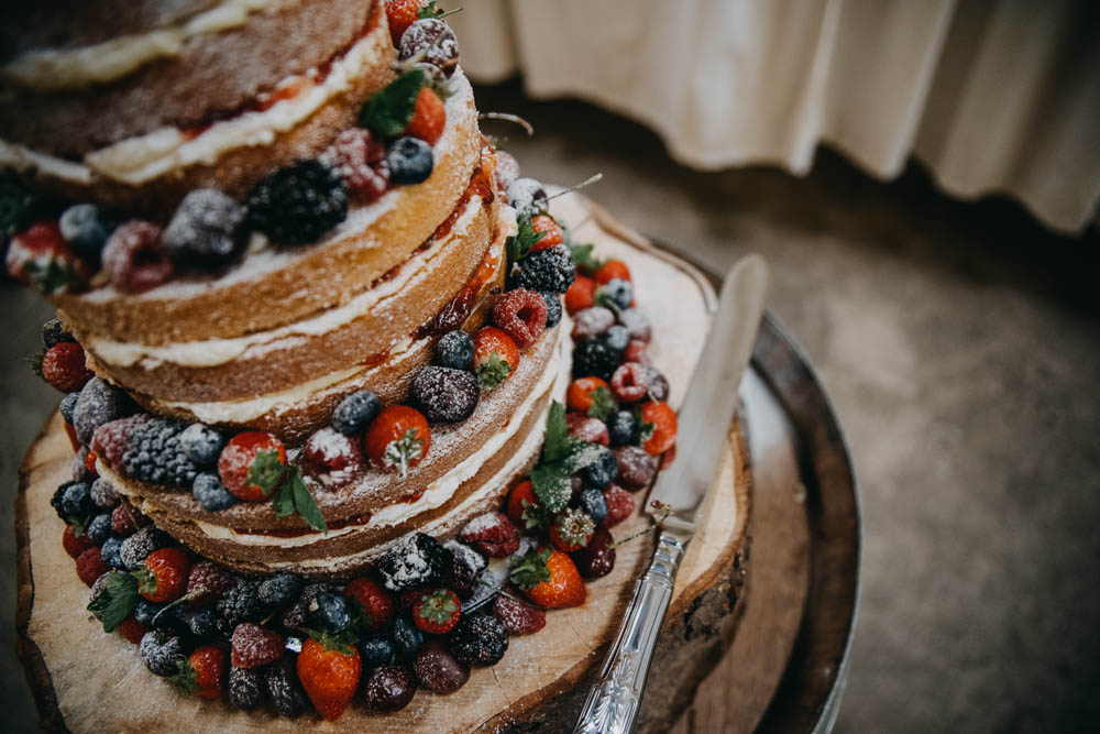 Naked Victoria Sponge Fruit Tiered Wood Slice Tree Railway Barn Wedding Lottie Photography