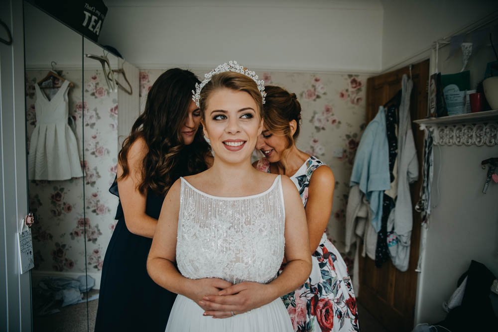 Bride Bridal Lace Dress Gown Train Tiara Navy Embellished Sleeveless Railway Barn Wedding Lottie Photography