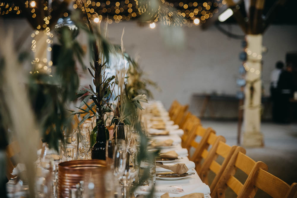 Rustic Table Setting Greenery Fairy Lights Railway Barn Wedding Lottie Photography
