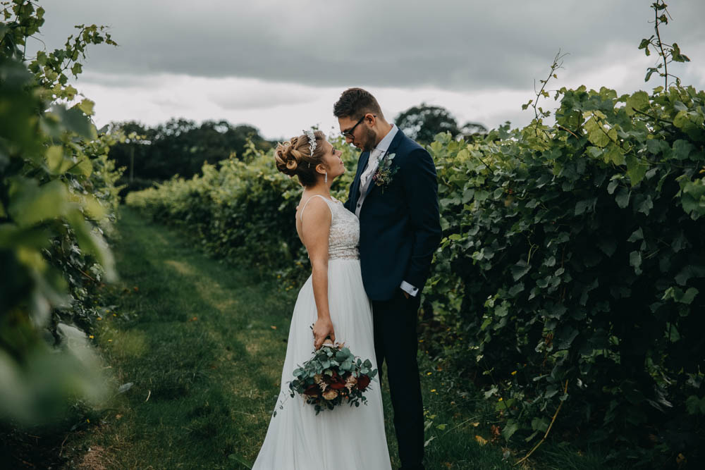 Bride Bridal Lace Dress Gown Train Tiara Veil Sequin Embellished Bouquet Navy Moss Bros Groom Railway Barn Wedding Lottie Photography