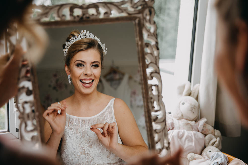 Bride Bridal Lace Dress Gown Train Tiara Sequin Embellished Earrings Railway Barn Wedding Lottie Photography