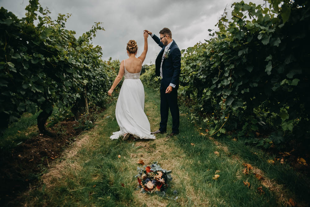 Bride Bridal Lace Dress Gown Train Tiara Veil Sequin Embellished Bouquet Navy Moss Bros Groom Low Back Railway Barn Wedding Lottie Photography