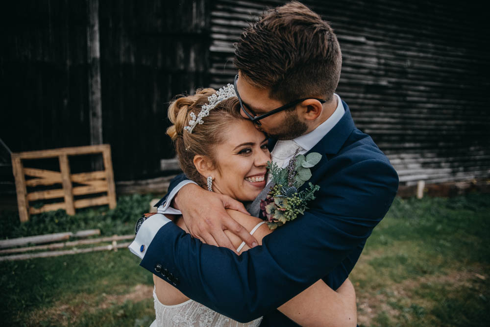 Bride Bridal Lace Dress Gown Train Tiara Veil Sequin Embellished Navy Moss Bros Groom Railway Barn Wedding Lottie Photography