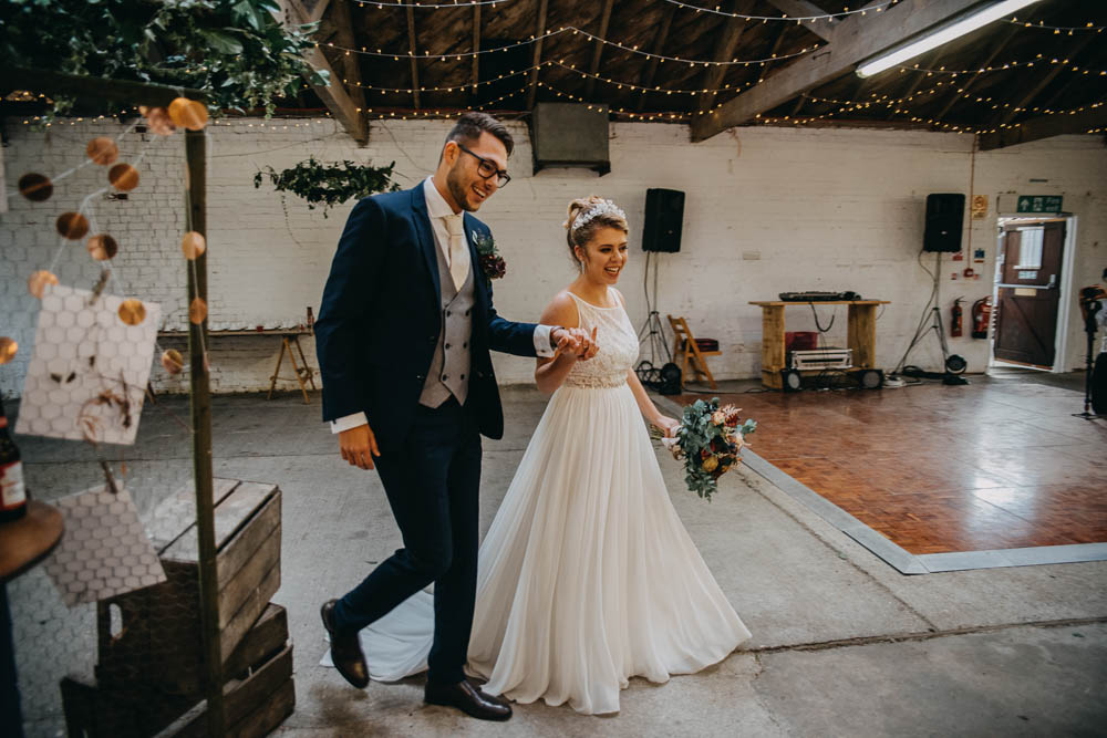 Bride Bridal Lace Dress Gown Train Tiara Veil Sequin Embellished Bouquet Navy Moss Bros Groom Railway Barn Wedding Lottie Photography