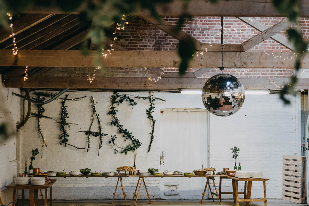 Feast Buffet Table Rustic Wooden Foliage Disco Ball Railway Barn Wedding Lottie Photography