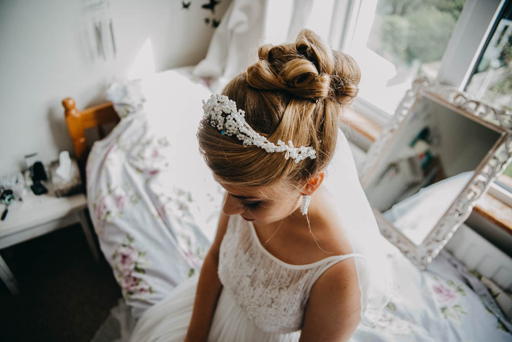 Bride Bridal Up Do Hairstyle Tiara Railway Barn Wedding Lottie Photography