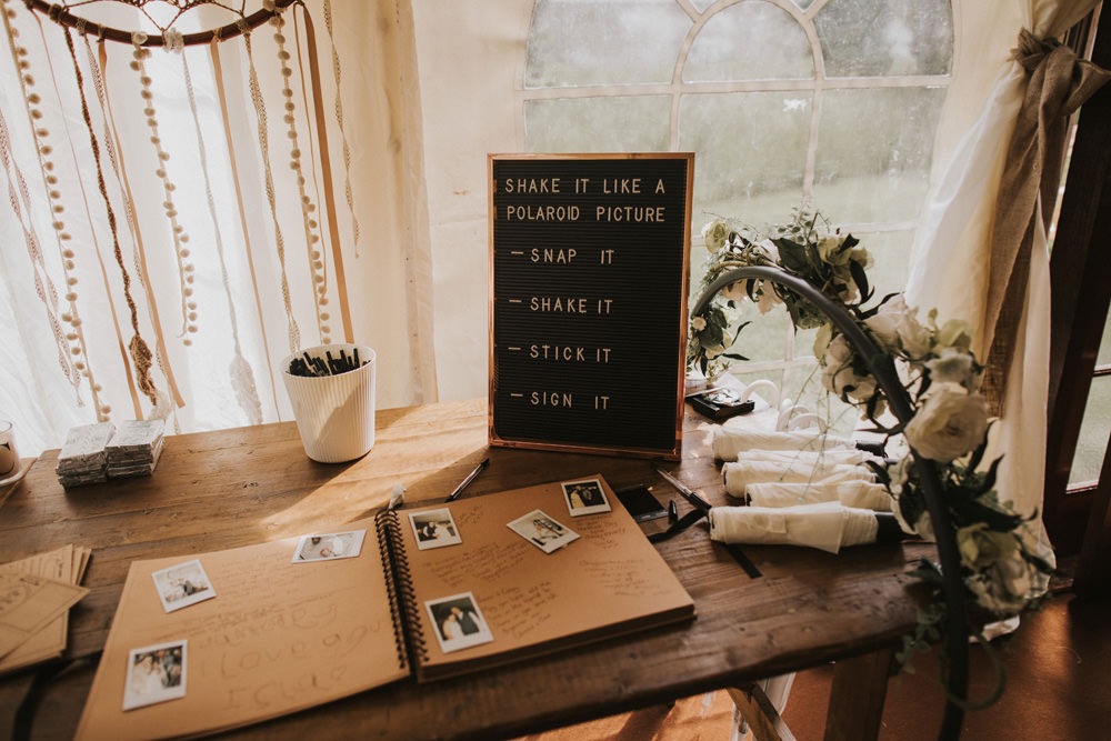 Outdoor Farm Field Wheat Rustic Garden Marquee Foliage Garland Wooden Trestle Polaroid Guestbook | Fun and Relaxed Scrivelsby Walled Garden Wedding Brook Rose Photography
