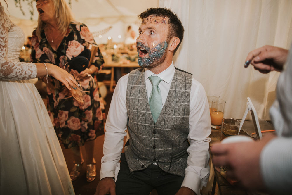 Outdoor Farm Field Wheat Rustic Garden Marquee Bride Groom Glitter Beard | Fun and Relaxed Scrivelsby Walled Garden Wedding Brook Rose Photography