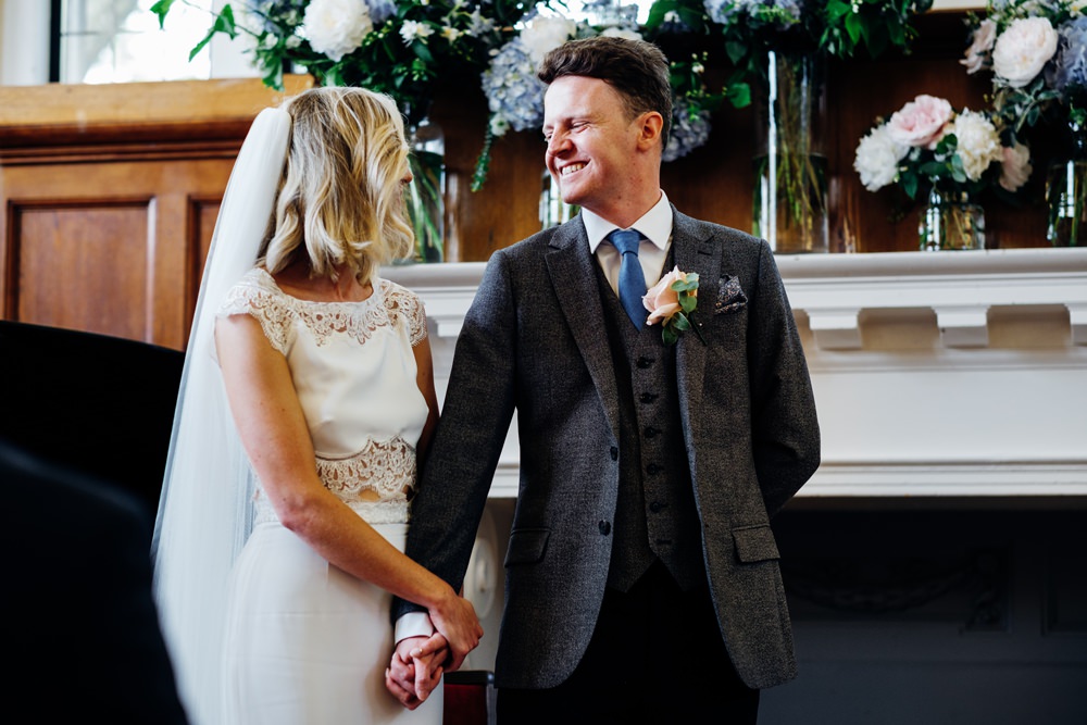 Bride Bridal Rime Arodaky Two Piece Crop Top Lace Top Skirt Peach Yellow Bouquet Reiss Groom Three Piece Tweed Tanner Warehouse Wedding Marianne Chua Photography