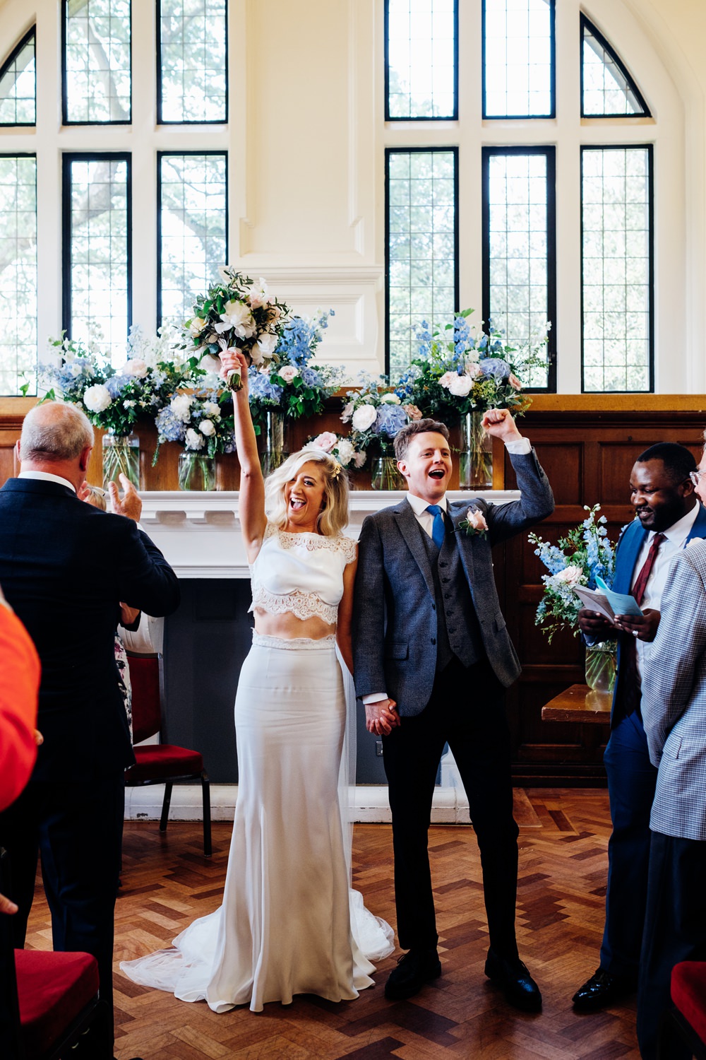 Bride Bridal Rime Arodaky Two Piece Crop Top Lace Top Skirt Peach Yellow Bouquet Reiss Groom Hydrangeas Tanner Warehouse Wedding Marianne Chua Photography