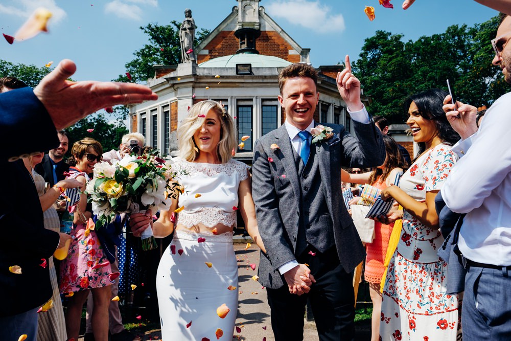Bride Bridal Rime Arodaky Two Piece Crop Top Lace Top Skirt Peach Yellow Bouquet Reiss Groom Three Piece Tweed Waistcoat Dried Petal Confetti Tanner Warehouse Wedding Marianne Chua Photography