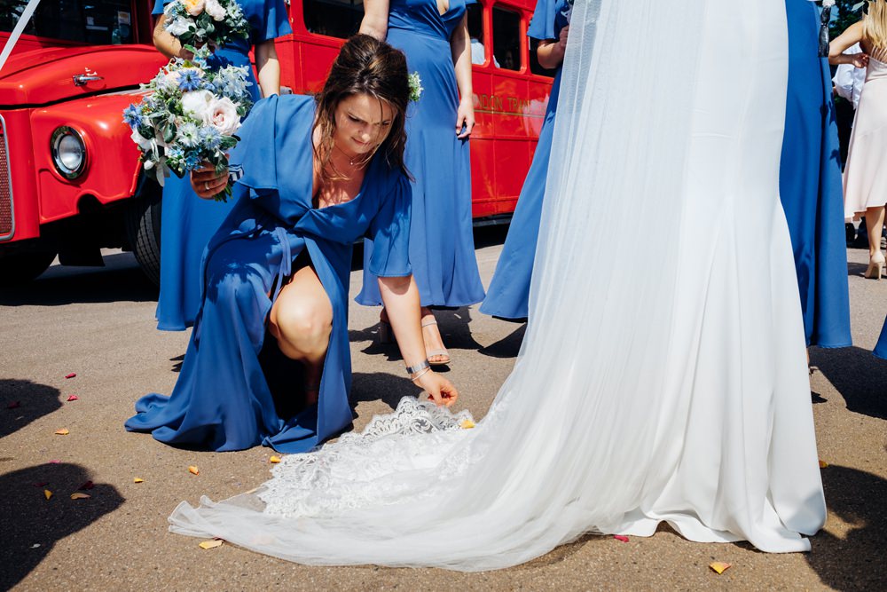 Blue Wrap Rewrritten Bridesmaids Dresses Hydrangea Tanner Warehouse Wedding Marianne Chua Photography