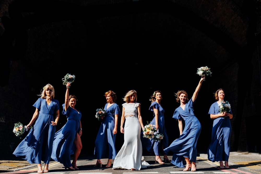Bride Bridal Rime Arodaky Two Piece Crop Top Lace Top Skirt Peach Yellow Bouquet Blue Rewritten Wrap Dress Bridesmaids Tanner Warehouse Wedding Marianne Chua Photography