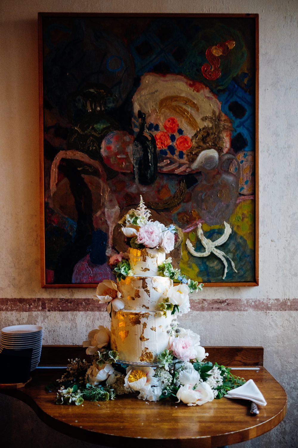Cake Buttercream Tiered Gold Leaf Peonies Tanner Warehouse Wedding Marianne Chua Photography