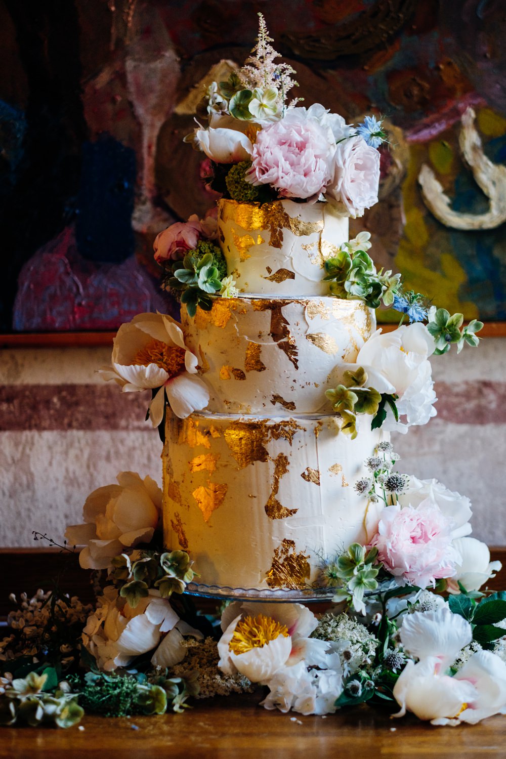 Cake Tiered Buttercream Gold Leaf Peonies Tanner Warehouse Wedding Marianne Chua Photography