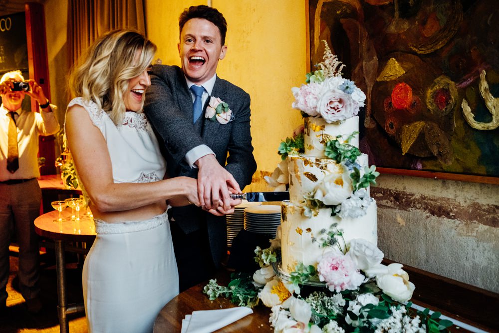 Cake Buttercream Gold Leaf Tiered Peonies Bride Bridal Rime Arodaky Two Piece Crop Top Lace Top Skirt Peach Yellow Bouquet Reiss Groom Tanner Warehouse Wedding Marianne Chua Photography