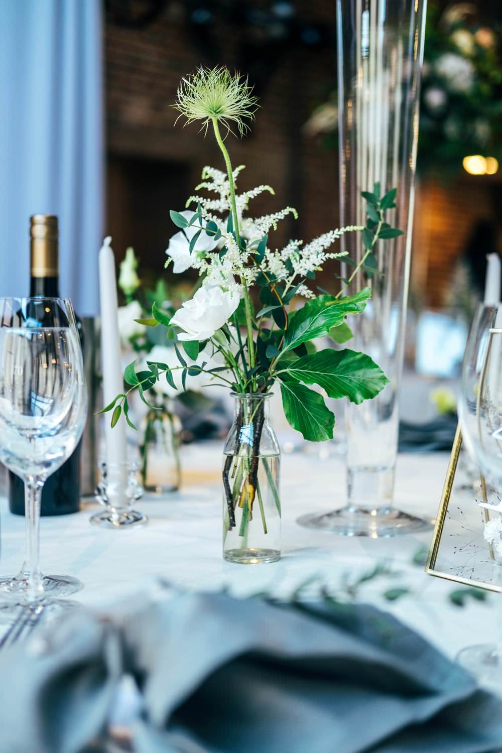 Bottle Flowers Rose Astilbe Greenery Tables Warm Welcoming Wedding Three Flowers Photography