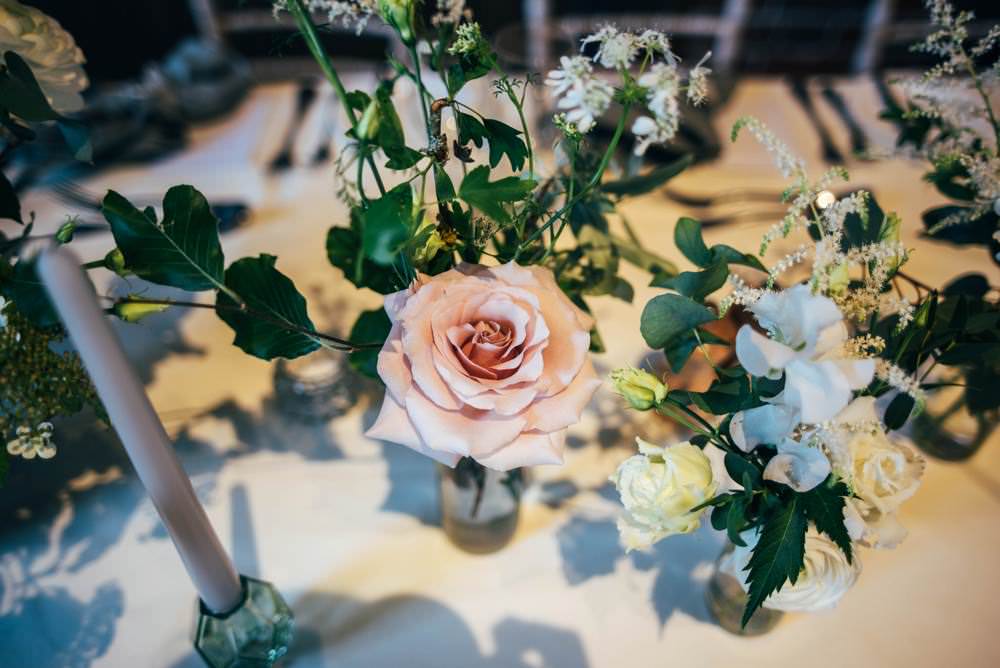 Bottle Flowers Rose Astilbe Greenery Tables Warm Welcoming Wedding Three Flowers Photography