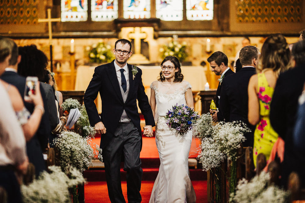 Bride Bridal Enzoani Fitted Wedding Dress Embellished Cap Sleeve Gypsophila Groom Tails Bouquet Gypsophila Pew Ends Whimsical Countryside Sperry Tent Wedding Emilie May Photography