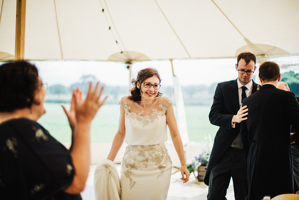 Bride Bridal Enzoani Fitted Wedding Dress Embellished Cap Sleeve Gypsophila Groom Tails Whimsical Countryside Sperry Tent Wedding Emilie May Photography