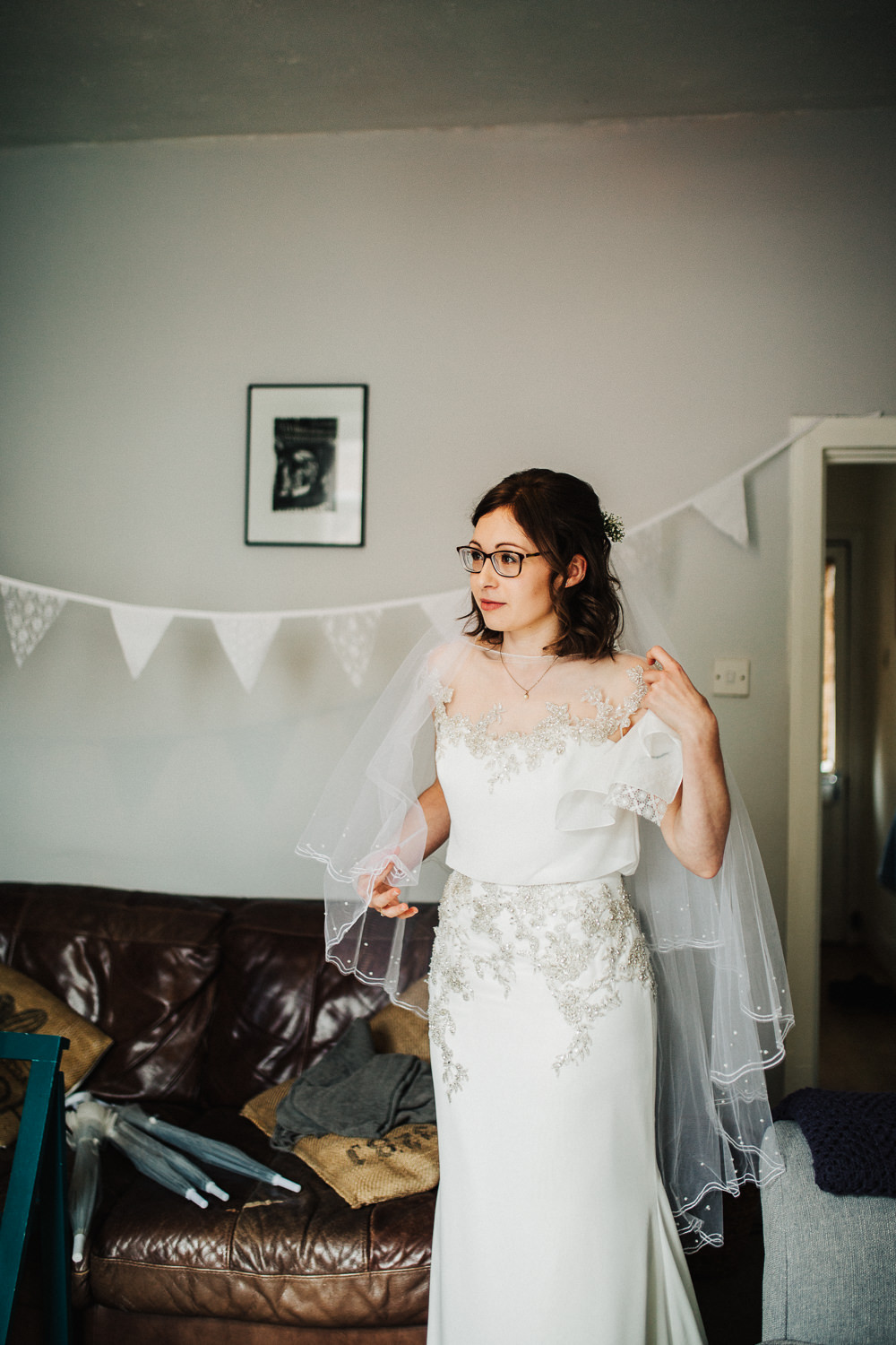 Bride Bridal Enzoani Fitted Wedding Dress Embellished Cap Sleeve Gypsophila Veil Whimsical Countryside Sperry Tent Wedding Emilie May Photography