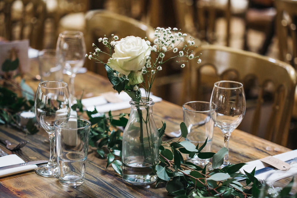 Milk Bottle Flowers White Rose Gypsophila Greenery Swag Runner Table Wray's Barn Whinstone View Wedding Sally T Photography