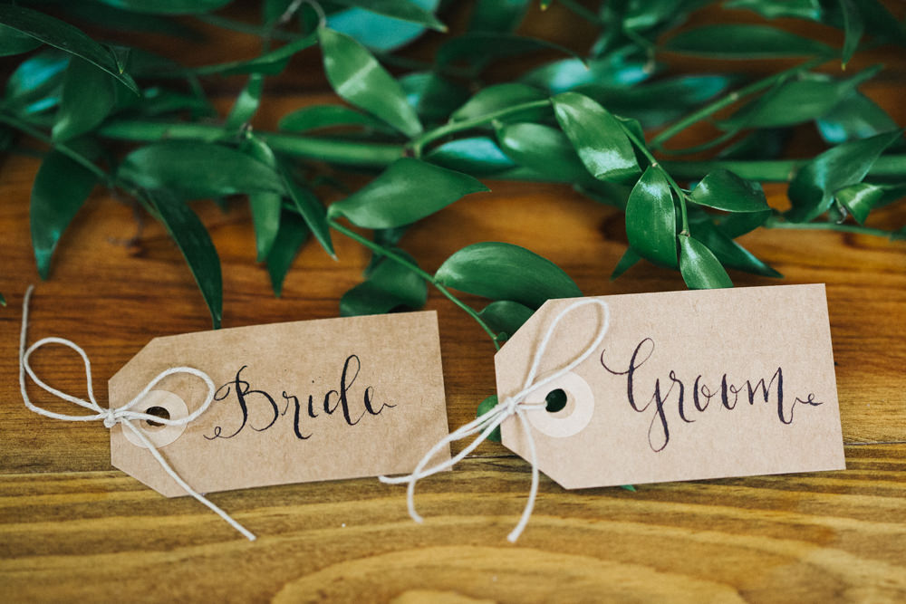 Kraft Brown Paper Greenery Twine Luggage Tag Place Name Wray's Barn Whinstone View Wedding Sally T Photography