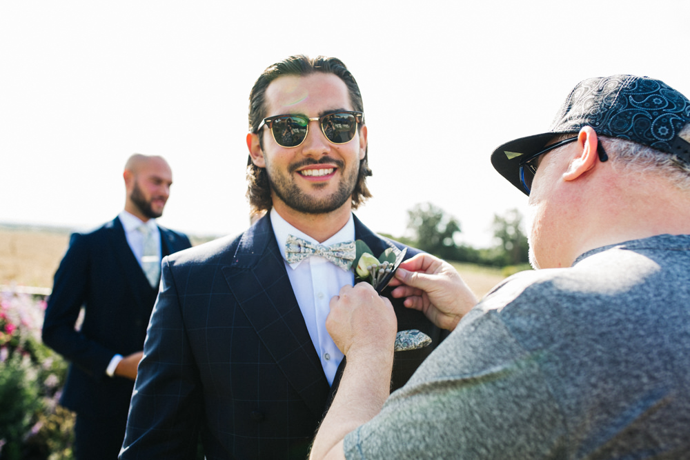 Groom Groomsmen Check Suits Navy Floral Bow Tie Wray's Barn Whinstone View Wedding Sally T Photography