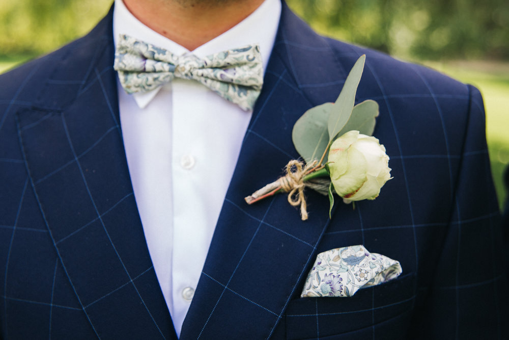 Groom Groomsmen Check Suits Navy Floral Bow Tie Rose Twine Greenery Buttonhole Wray's Barn Whinstone View Wedding Sally T Photography