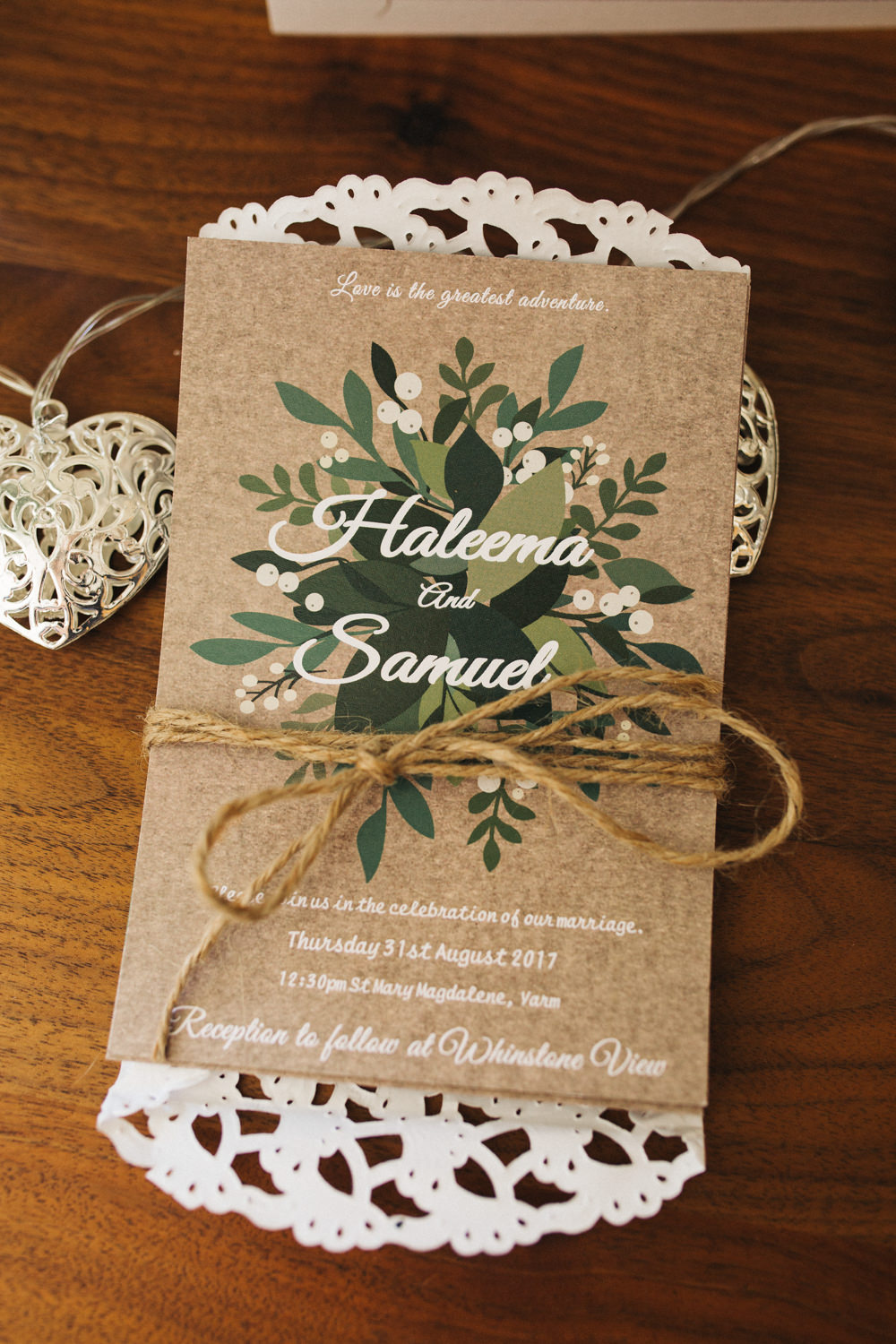 Kraft Brown Paper Stationery Invite Invitation Greenery Twine Doily Wray's Barn Whinstone View Wedding Sally T Photography