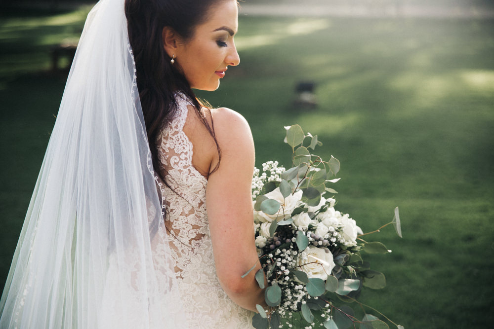 Lace Dress Train Fit Flare Button Bride Bridal Gown Veil Halterneck Wray's Barn Whinstone View Wedding Sally T Photography