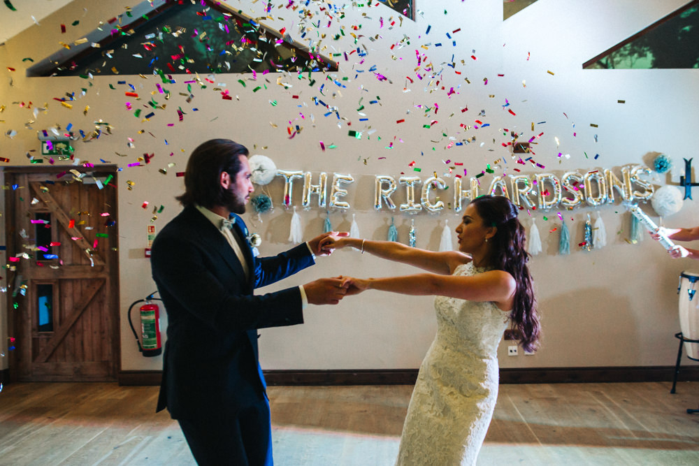 Confetti Cannon First Dance Bride Groom Wray's Barn Whinstone View Wedding Sally T Photography
