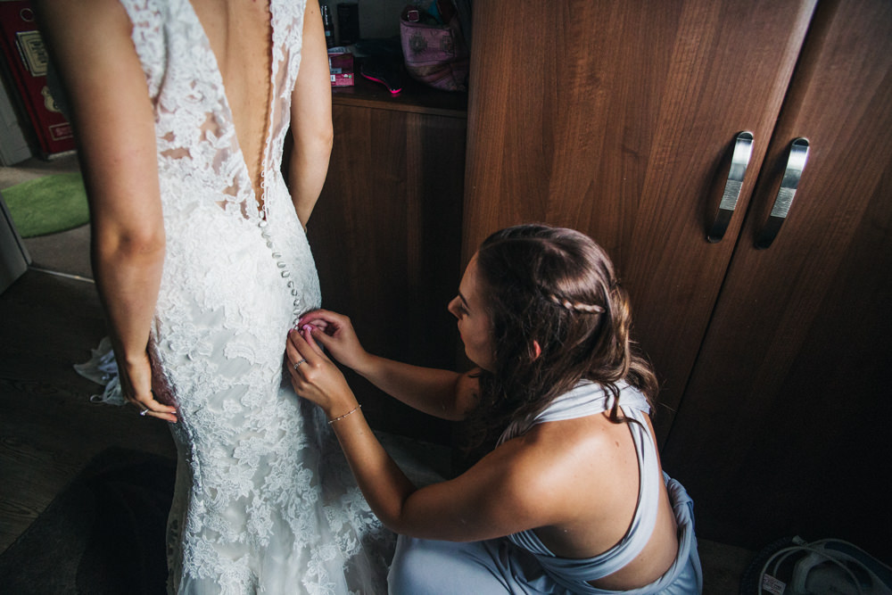 Lace Dress Train Fit Flare Button Bride Bridal Gown Wray's Barn Whinstone View Wedding Sally T Photography