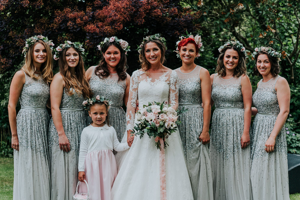 Bride Bridal Lace Long Sleeve Dress Flower Foliage Crown Sparkly Sequin Green Bridesmaids Alrewas Hayes Wedding David Boynton Photography