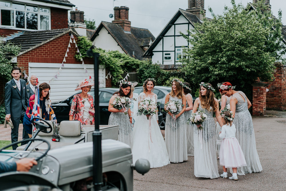 Bride Bridal Lace Long Sleeve Dress Flower Foliage Crown Sparkly Sequin Green Bridesmaids Alrewas Hayes Wedding David Boynton Photography