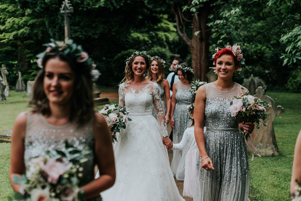 Bride Bridal Lace Long Sleeve Dress Flower Foliage Crown Sparkly Sequin Grey Green Bridesmaids Alrewas Hayes Wedding David Boynton Photography