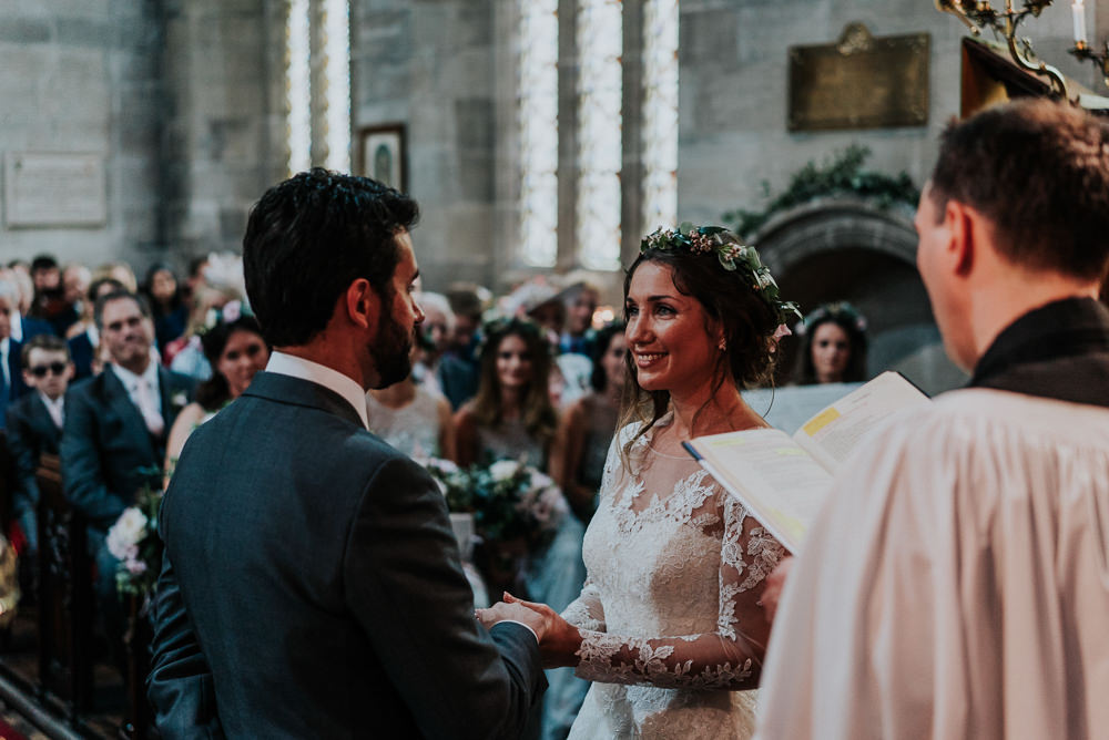 Bride Bridal Lace Long Sleeve Dress Flower Foliage Crown Grey Suit Groom Alrewas Hayes Wedding David Boynton Photography