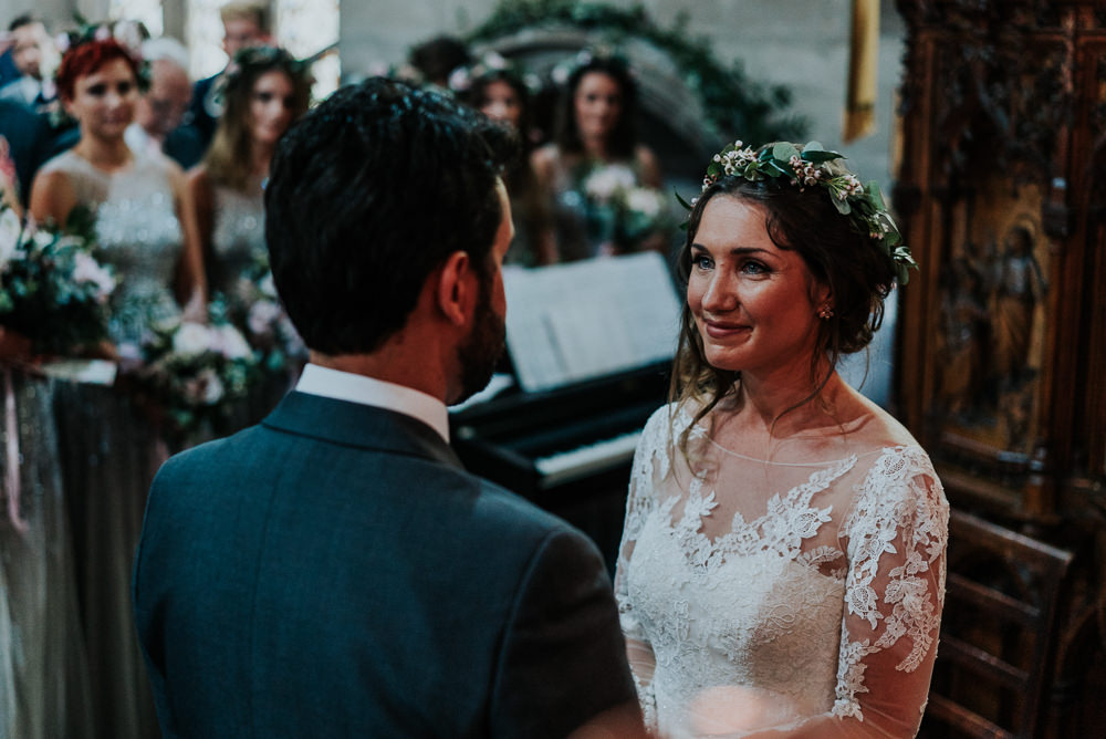 Bride Bridal Lace Long Sleeve Dress Flower Foliage Crown Grey Suit Groom Alrewas Hayes Wedding David Boynton Photography